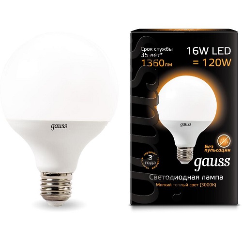 Лампа светодиодная Gauss Premium G95 Шар 220В Е27 16Вт 1360Лм 3000K 95х145мм фото Лампа светодиодная Gauss Premium G95 Шар 220В Е27 16Вт 1360Лм 3000K 95х145мм картинка